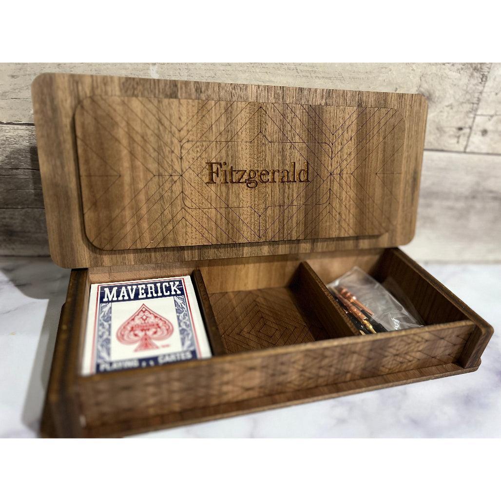 Cribbage board inside shown with last name personalized