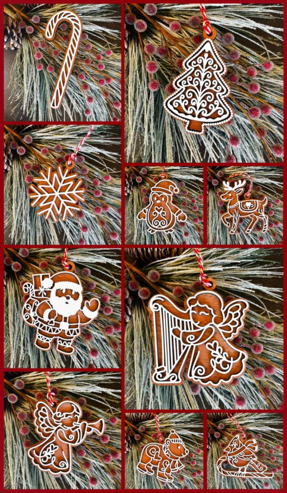 Collage of gingerbread-themed Christmas ornaments on a textured background.