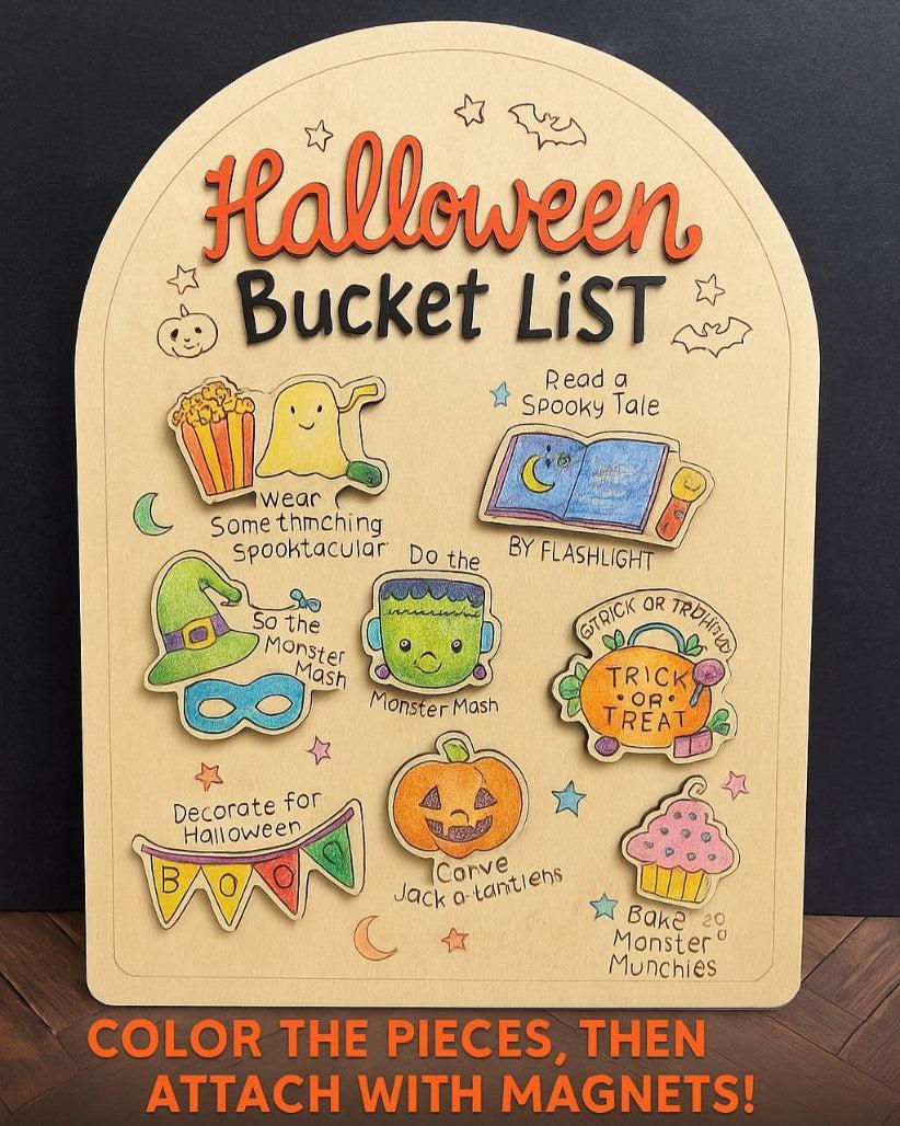 Halloween-themed bucket list with colorful illustrations and text on a wooden board.