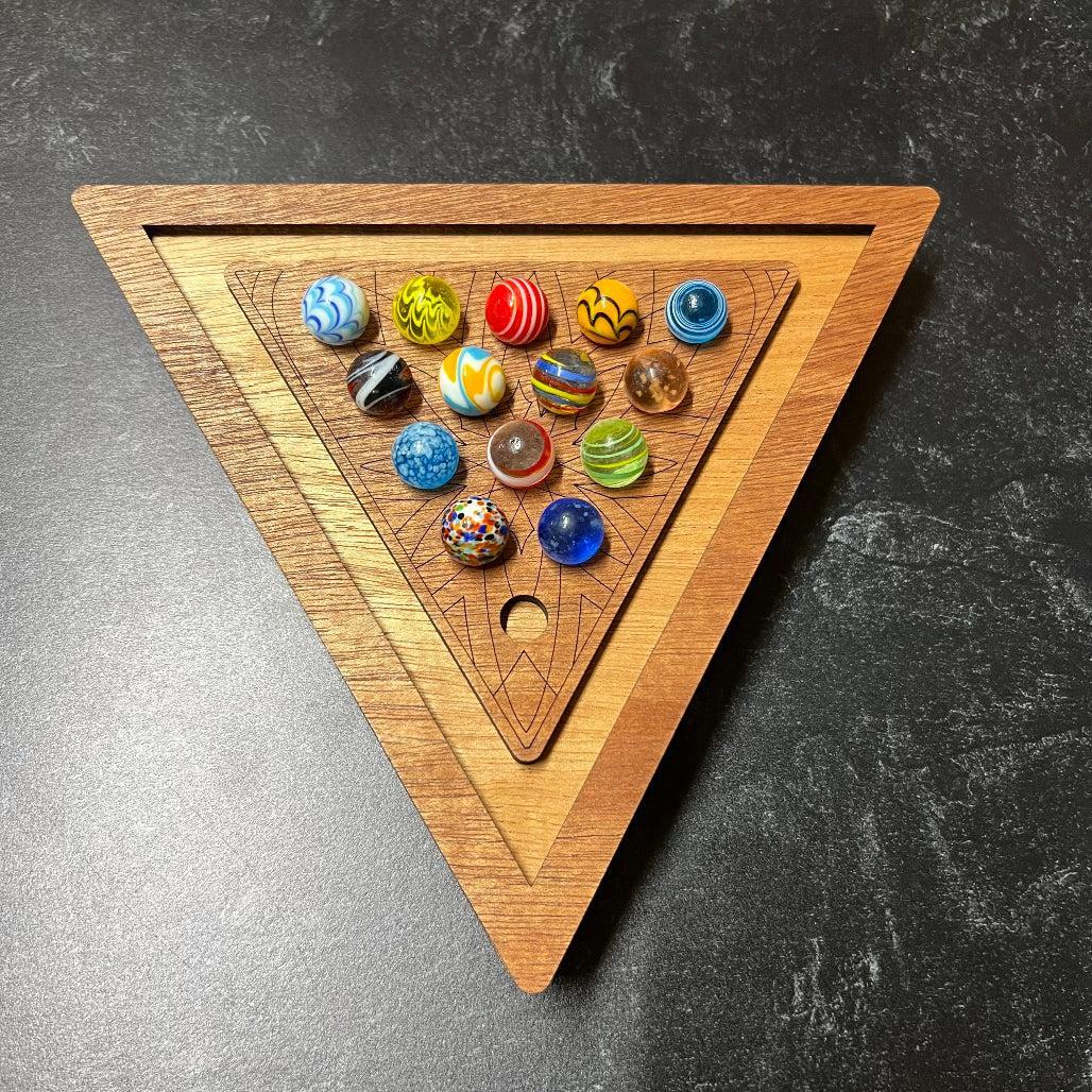 Triangle Marble Solitaire Game – Wooden Board with Storage