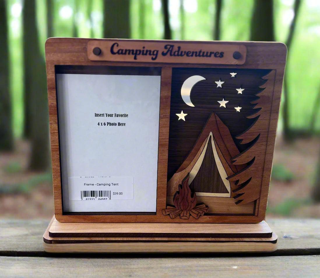 Wooden photo frame with camping design and 'Camping Adventures' text.