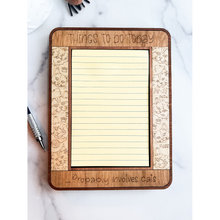 Load image into Gallery viewer, A wooden sticky note holder with a pet dog and cat theme, featuring a 4x6 inch notepad.