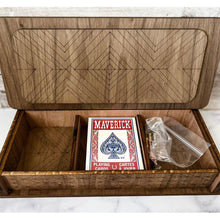 Load image into Gallery viewer, Inside of Laser cut wooden cribbage board with storage for cards and pegs
