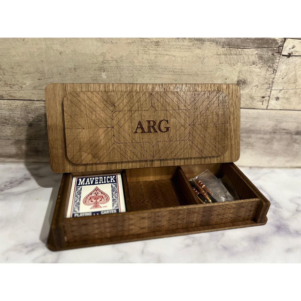 Inside of Cribbage board shown with sample monogram