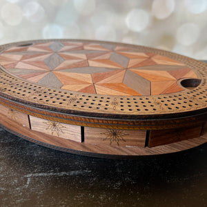 Wooden Cribbage Board – Inlaid Geometric Design with Hidden Storage