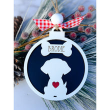 Load image into Gallery viewer, A personalized dog silhouette ornament with a white and black color scheme, adorned with a red and white checkered ribbon and a small red heart.