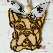 Load image into Gallery viewer, Laser-cut wooden doodle art dog ornament with paw print ribbon bow and bead, hanging on rustic twine.