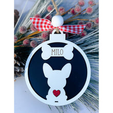 Load image into Gallery viewer, A personalized dog silhouette ornament with a white and black color scheme, adorned with a red and white checkered ribbon and a small red heart.