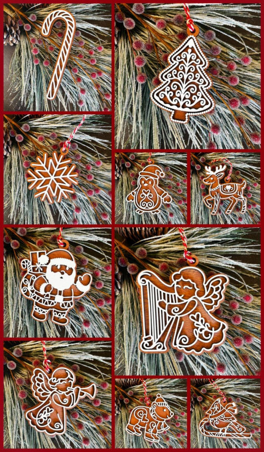 Collage of gingerbread-themed Christmas ornaments on a textured background.