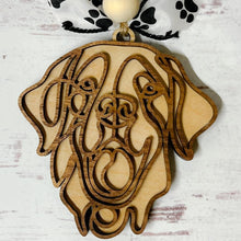 Load image into Gallery viewer, Laser-cut wooden doodle art dog ornament with paw print ribbon bow and bead, hanging on rustic twine.