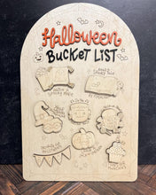Load image into Gallery viewer, Halloween-themed bucket list board with illustrations on a dark background