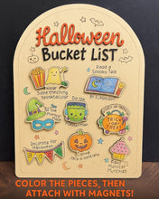 Load image into Gallery viewer, Halloween-themed bucket list with colorful illustrations and text on a wooden board.