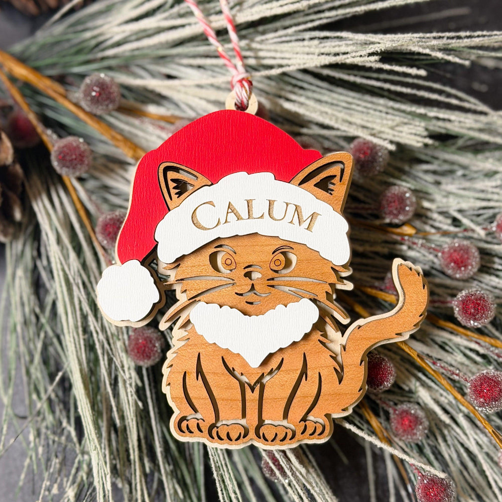 Wooden ornament shaped like a cat wearing a Santa hat with 'Calum' text, hanging on a Christmas tree.