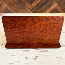 Load image into Gallery viewer, Wooden card holder with playing card symbol engraving on a wooden background