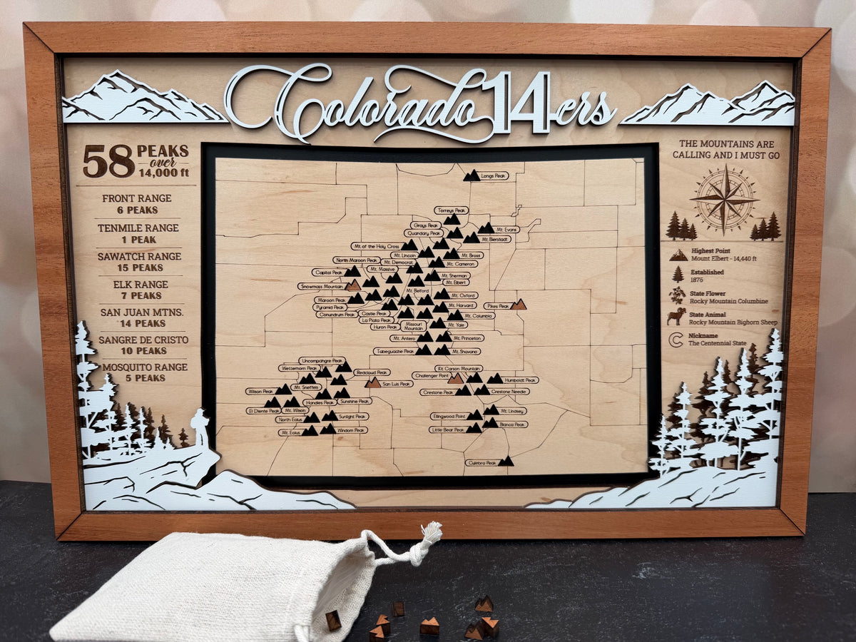 A framed wooden Colorado 14ers map plaque with engraved mountain scenery, a detailed trail map, and informational text, displayed on a dark tabletop with a small drawstring bag and wooden markers in front.