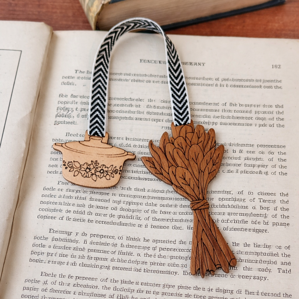 Wooden bookmark with decorative elements on an open book