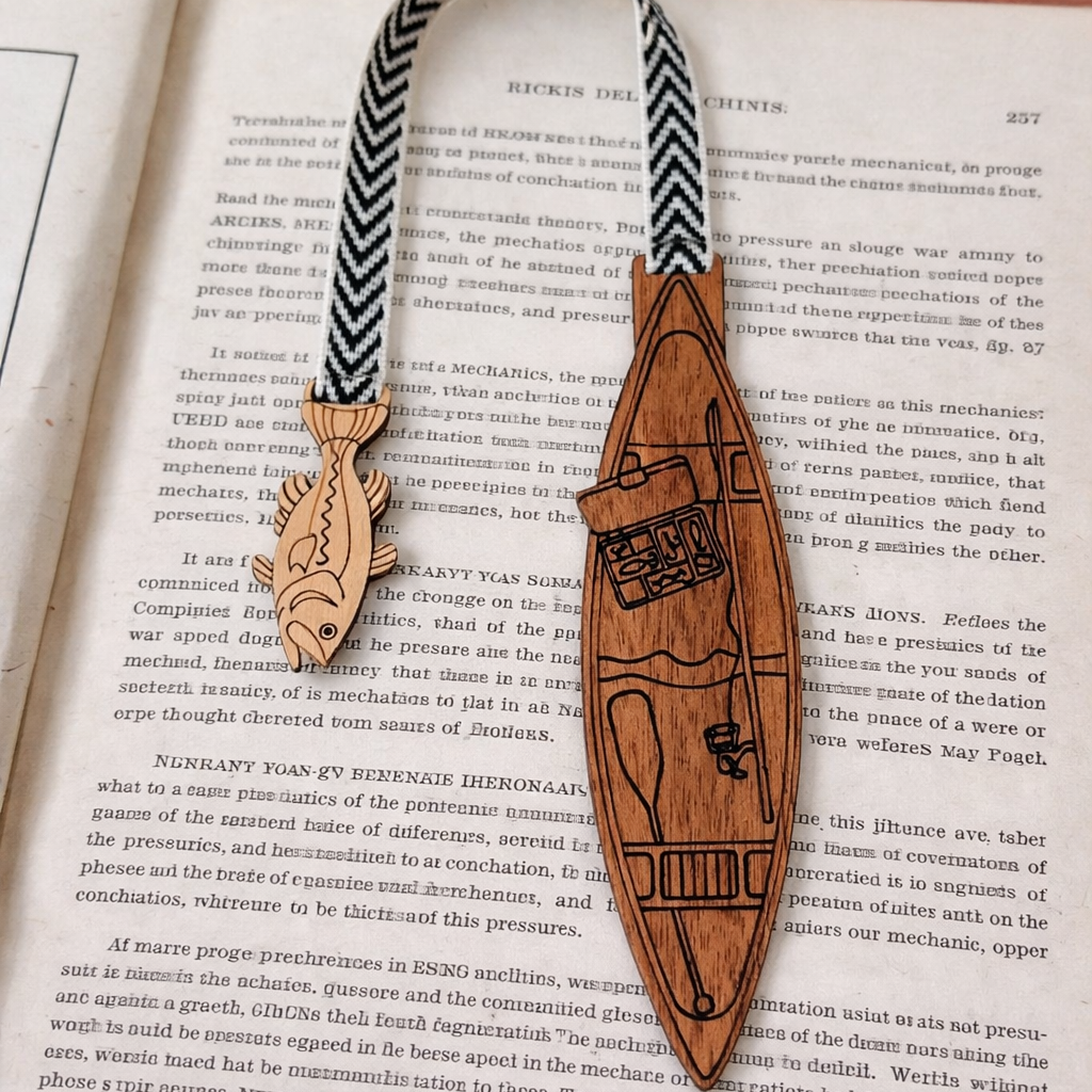 Wooden bookmark with decorative strap on an open book