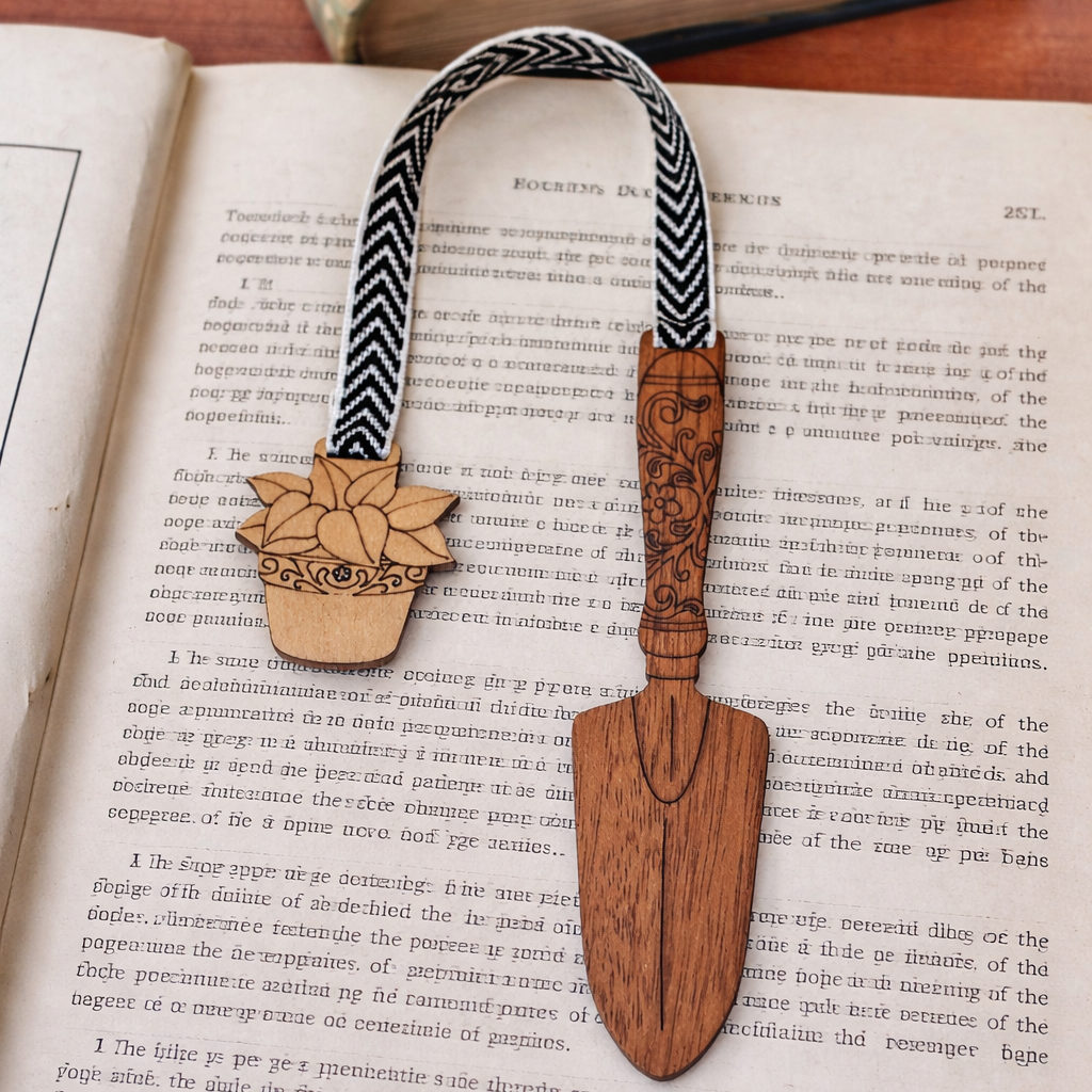 Wooden bookmark with trowel and plant design on an open book