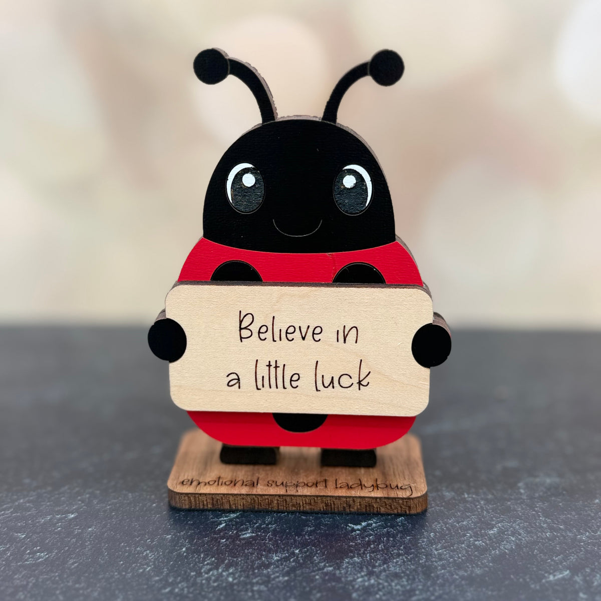 A wooden ladybug figurine holding a sign that reads 'Believe in a little luck' on a dark tabletop with a softly blurred light background.
