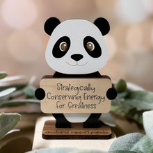 Load image into Gallery viewer, Panda figurine holding a sign with text on a blurred background