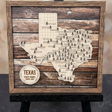 Load image into Gallery viewer, Wooden map of Texas with state parks on a wooden stand against a wood background