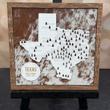 Load image into Gallery viewer, Map of Texas state parks on a wooden frame with a cowhide texture background