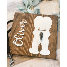 Load image into Gallery viewer, Wooden dog leash holder with white afghan hound silhouette, personalized name “Oliver,” and black metal hook on rustic wood background.