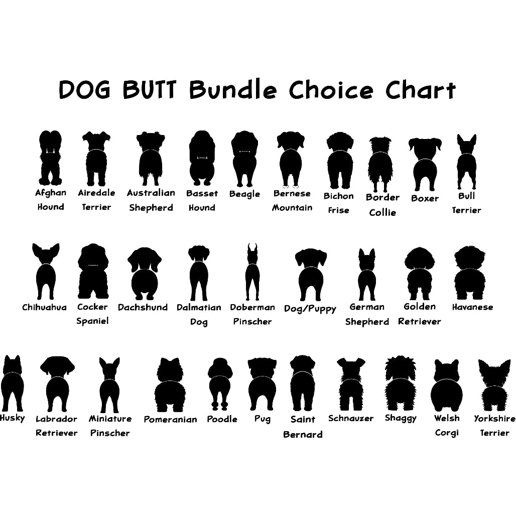 Options available for dog leash holder showing breeds available.  White background with black images.