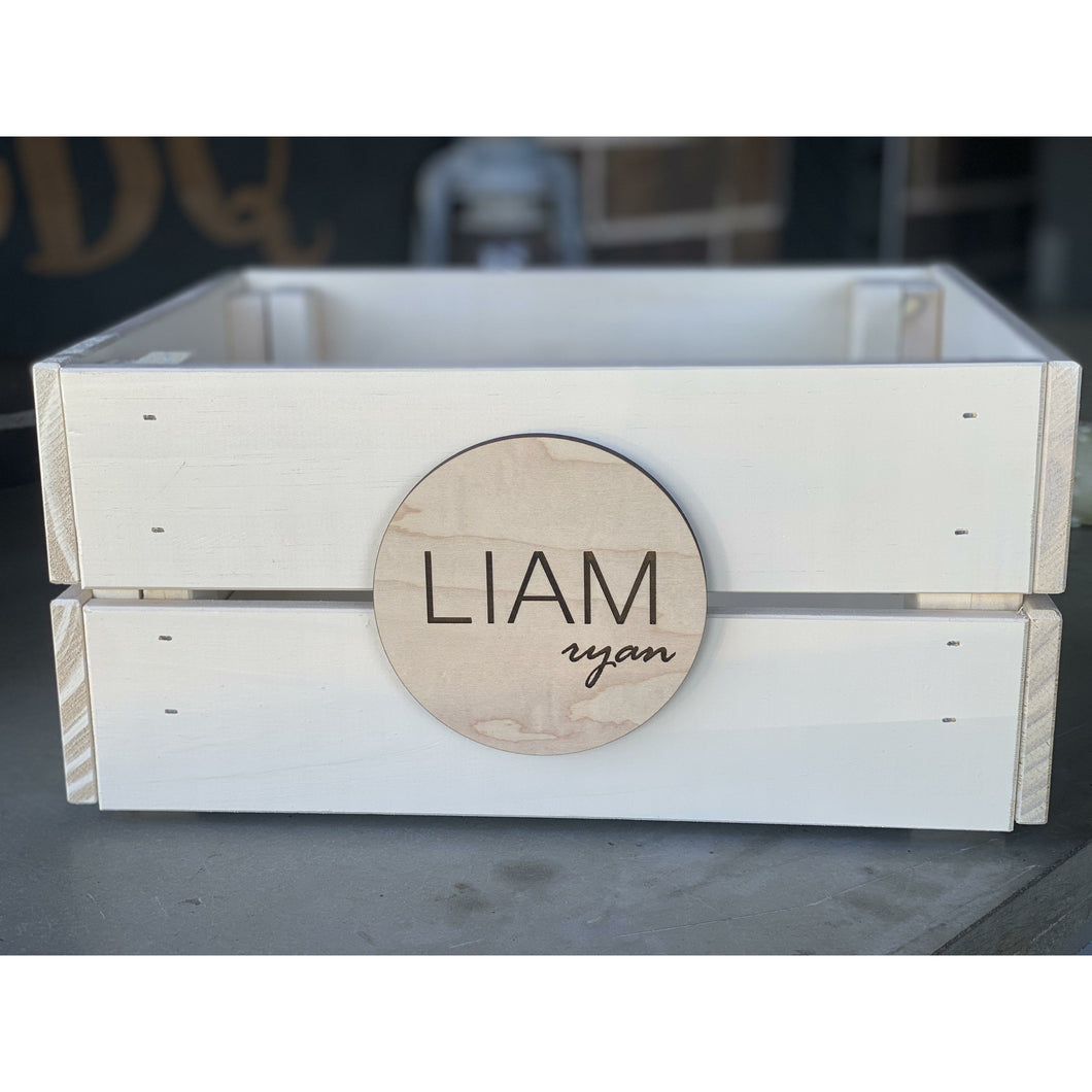 Small Personalized Wooden Crate with Engraved Round