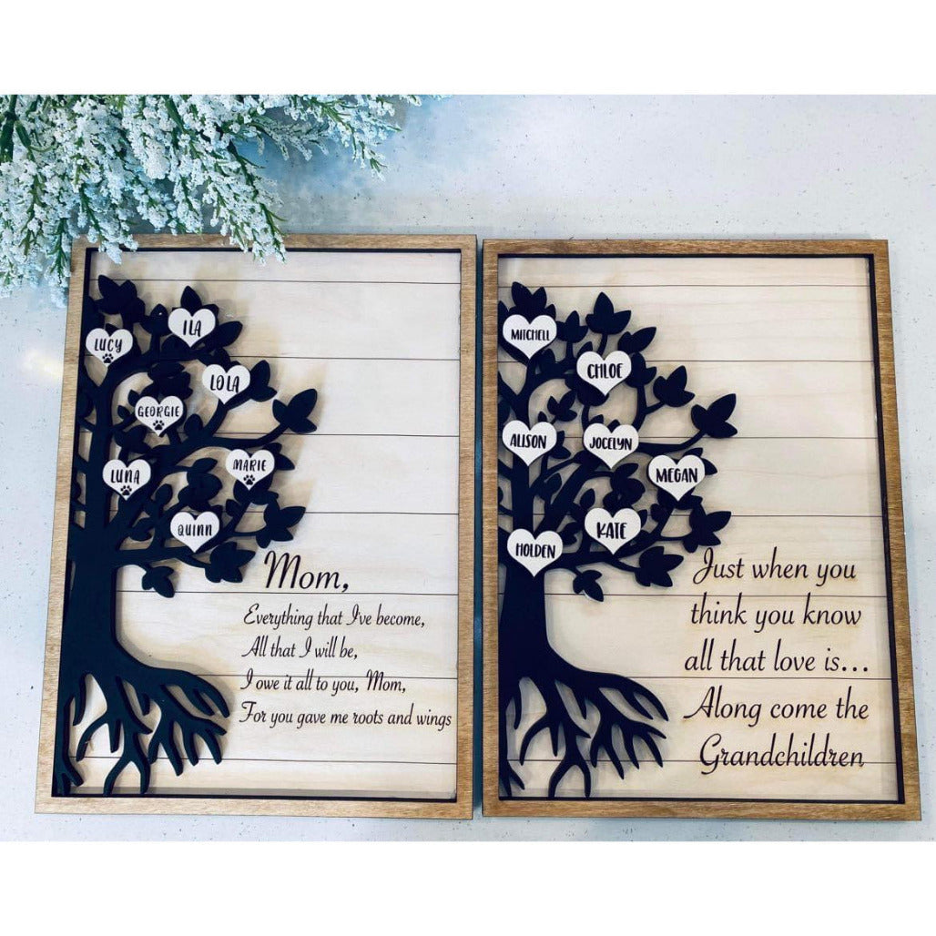 Two wooden family tree signs with personalized hearts and names, one with 'Mom' and the other with 'Dad', surrounded by a blurred image of a tree.